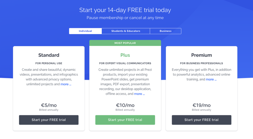 Prezi Pricing Plan Page