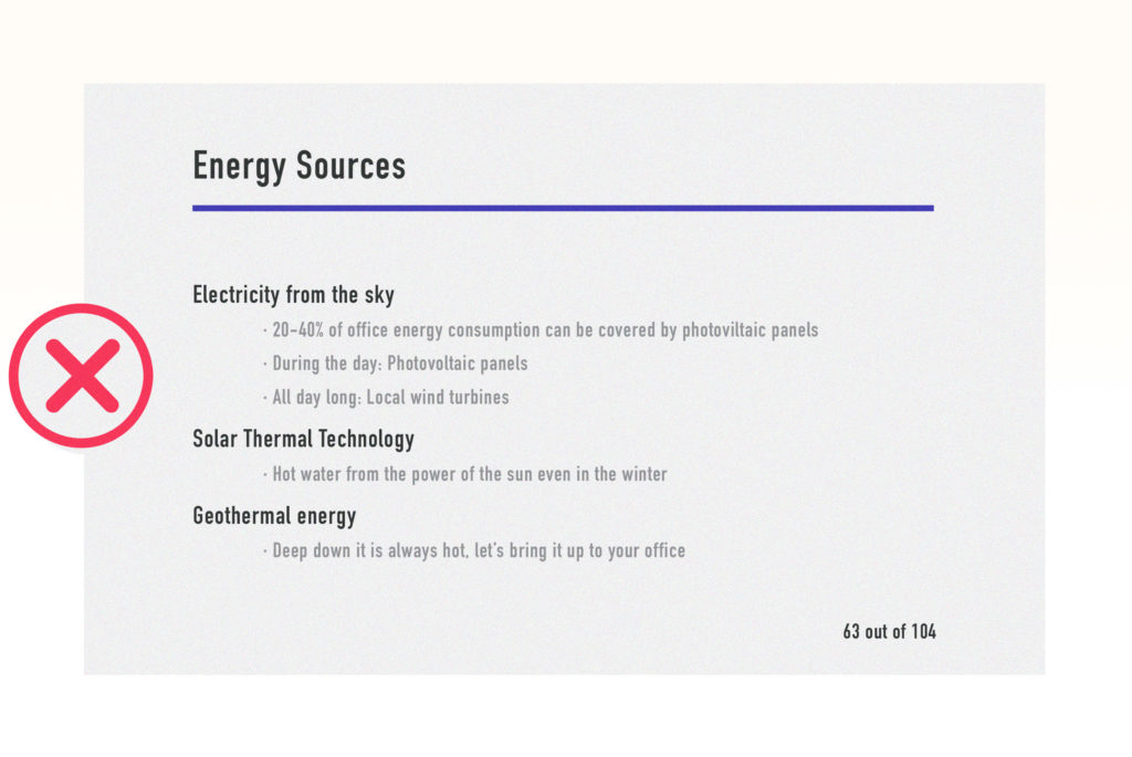 a bad example of a sales pitch slide told in a linear format (slide 63 out of 104)