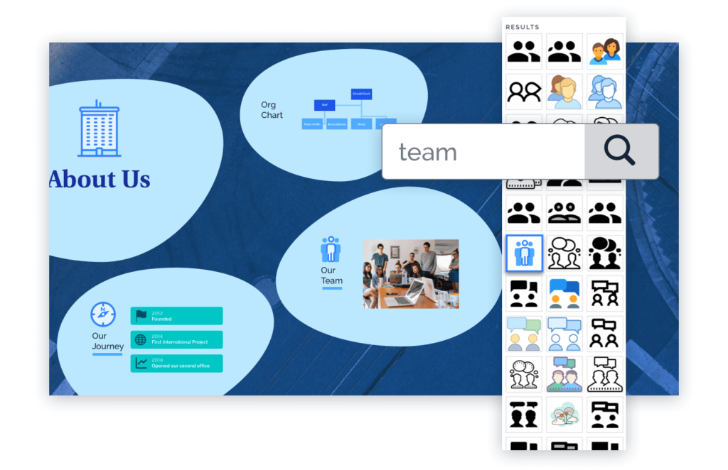 Prezi has a vast library of icons to choose from. 