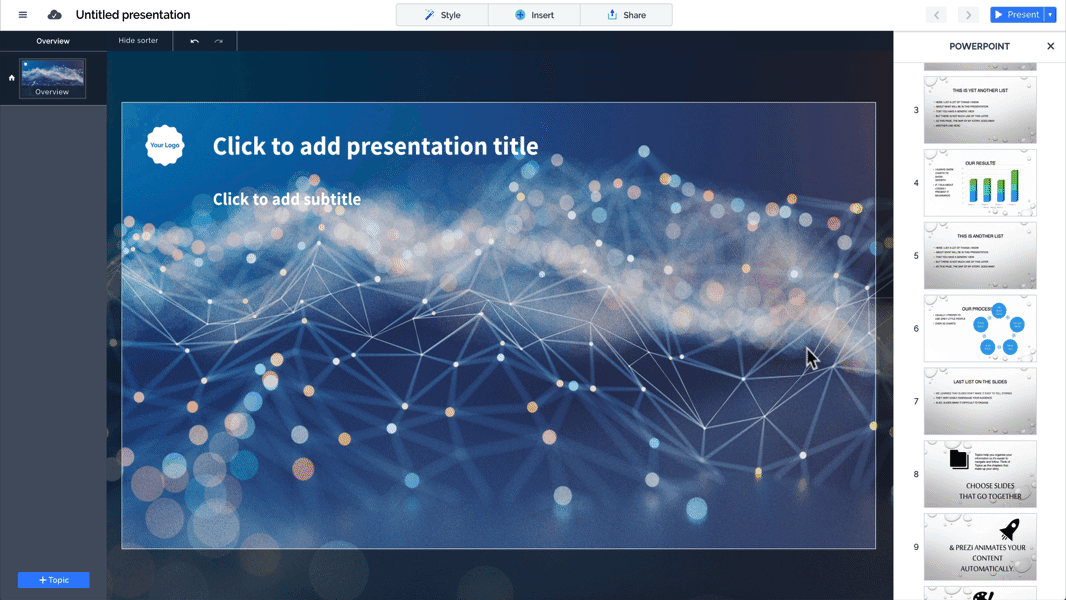 This simple guide will show you how to add slides into a Prezi presentation through the PowerPoint Converter feature.