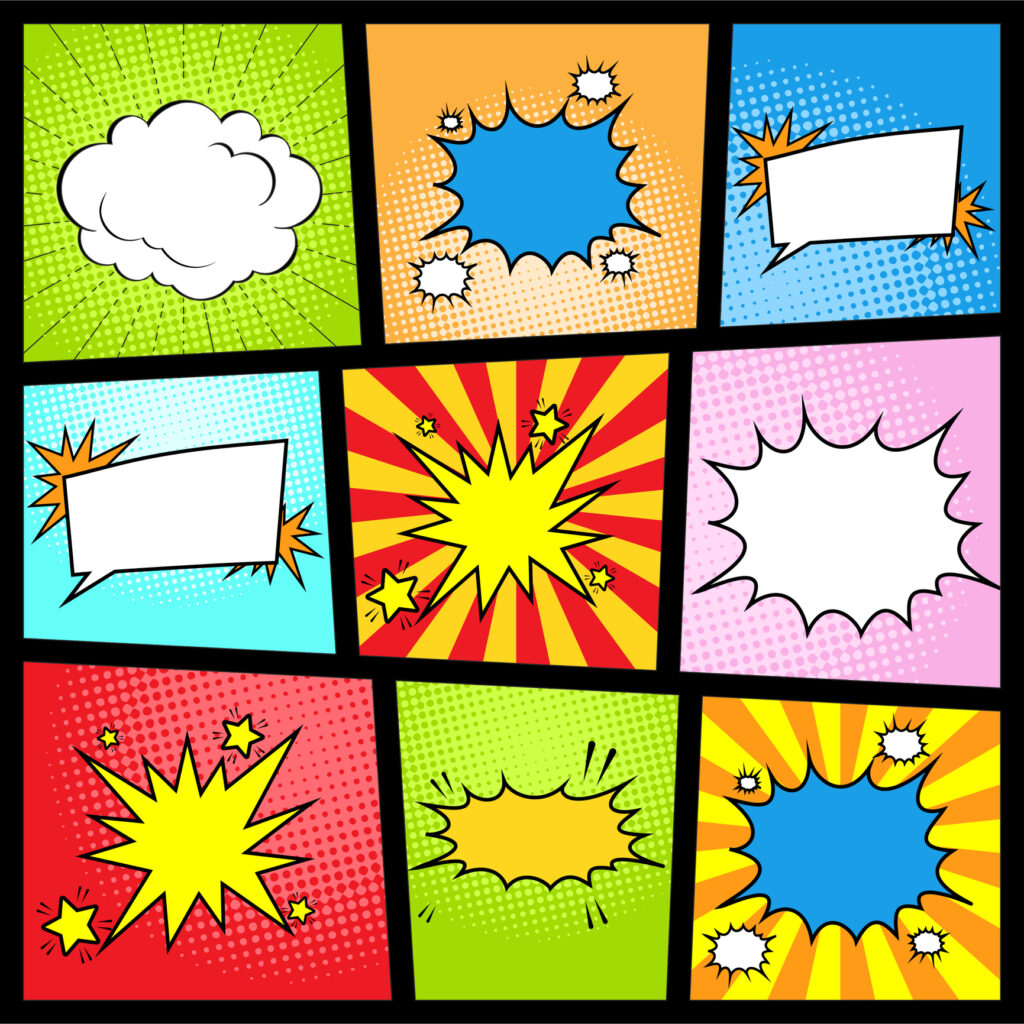 Colorful Set of Comic Speech Bubbles in Pop Art Style Template.