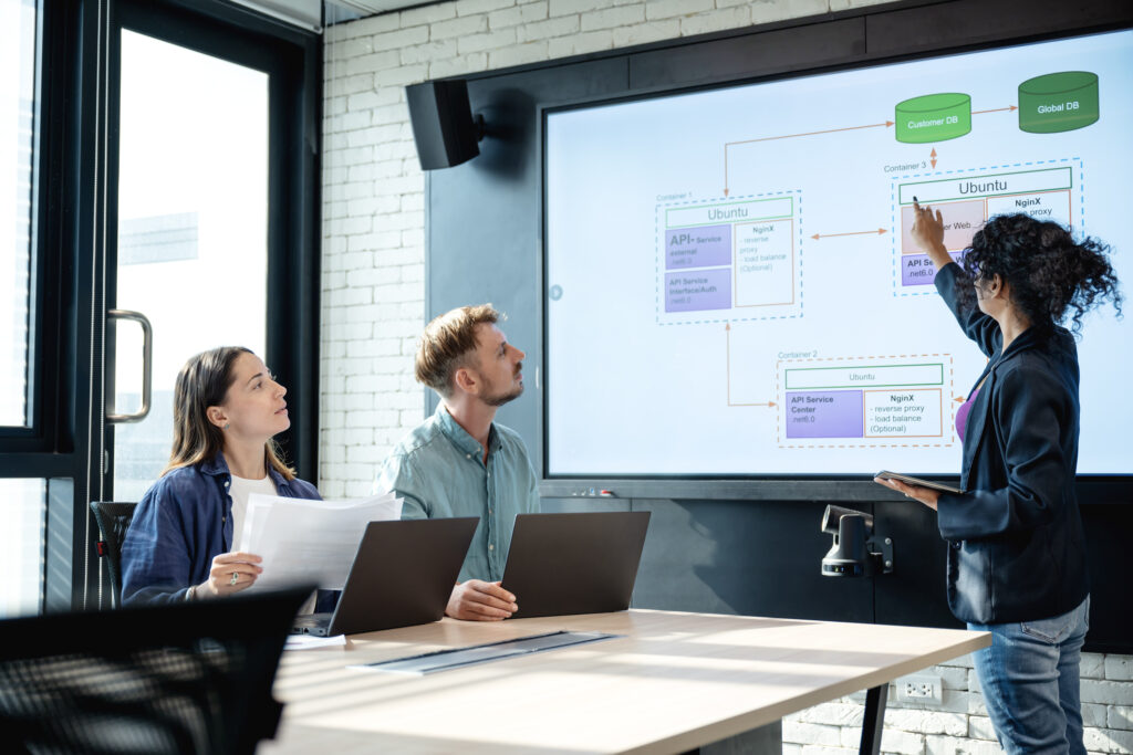 Effective Teamwork in Software Development to Stronger Team Relationships and Trust in Your Organizational.  Team of software developer in discussion on a data flow diagram over a digital display during a meeting in a startup tech office.