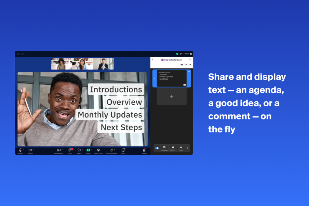 Prezi Video for Zoom: A screenshot of a meeting, showcasing how Prezi Video works. 