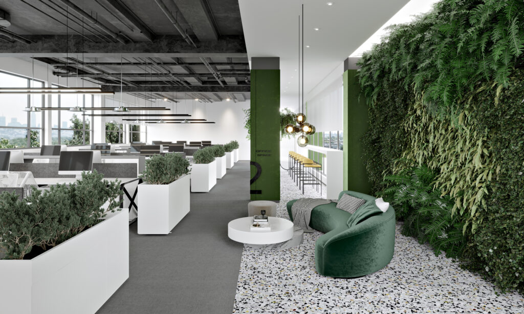 3D rendering of environmentally friendly modern workspace. Interior of office with furniture and plants. It is clean and empty.