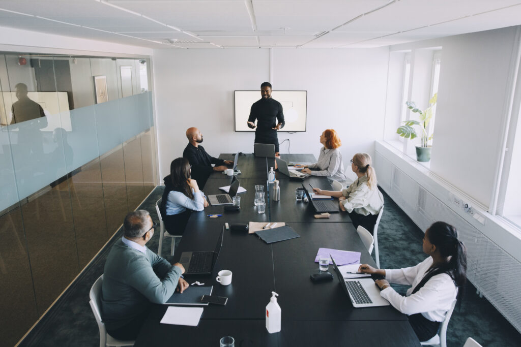 presenting a business presentation in front of an audience