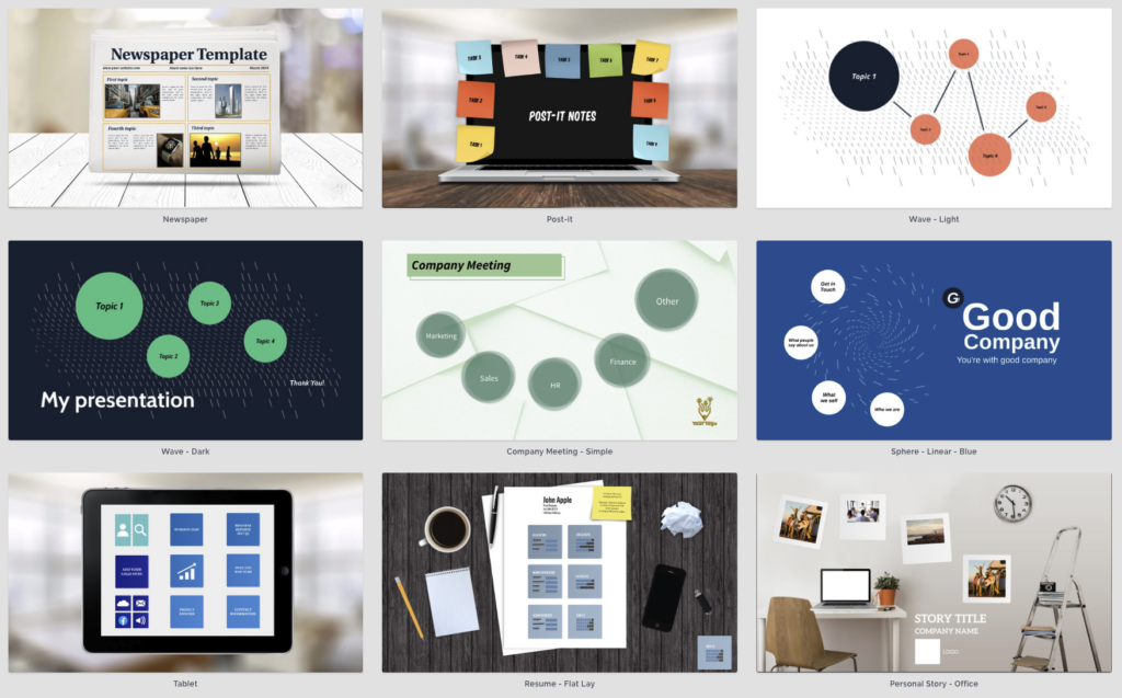 Prezi template gallery for narrative presentations