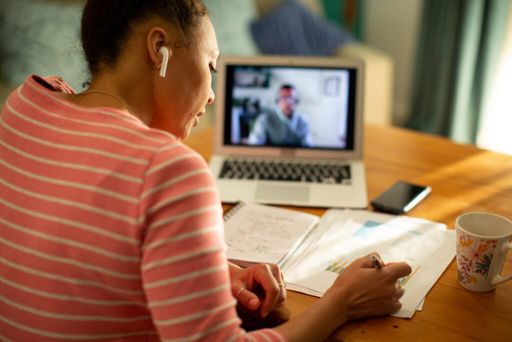 A women studying at home.