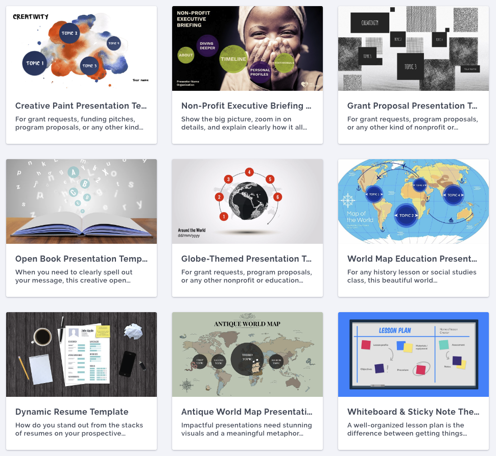 Education-themed Prezi presentation templates.