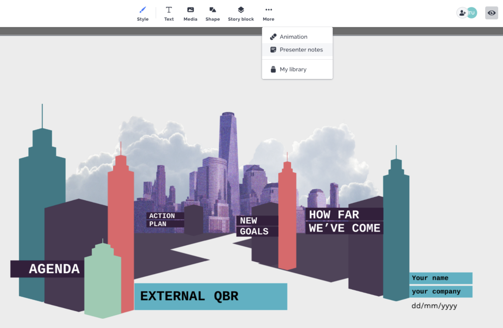 Prezi template example, showcasing the new Prezi UI update.