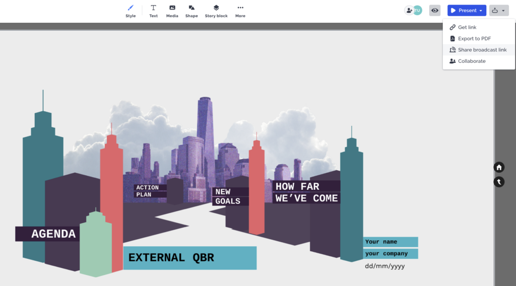 Prezi template example, showcasing the new Prezi UI update.