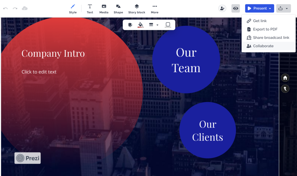 Prezi business proposal presentation showcasing collaborative features