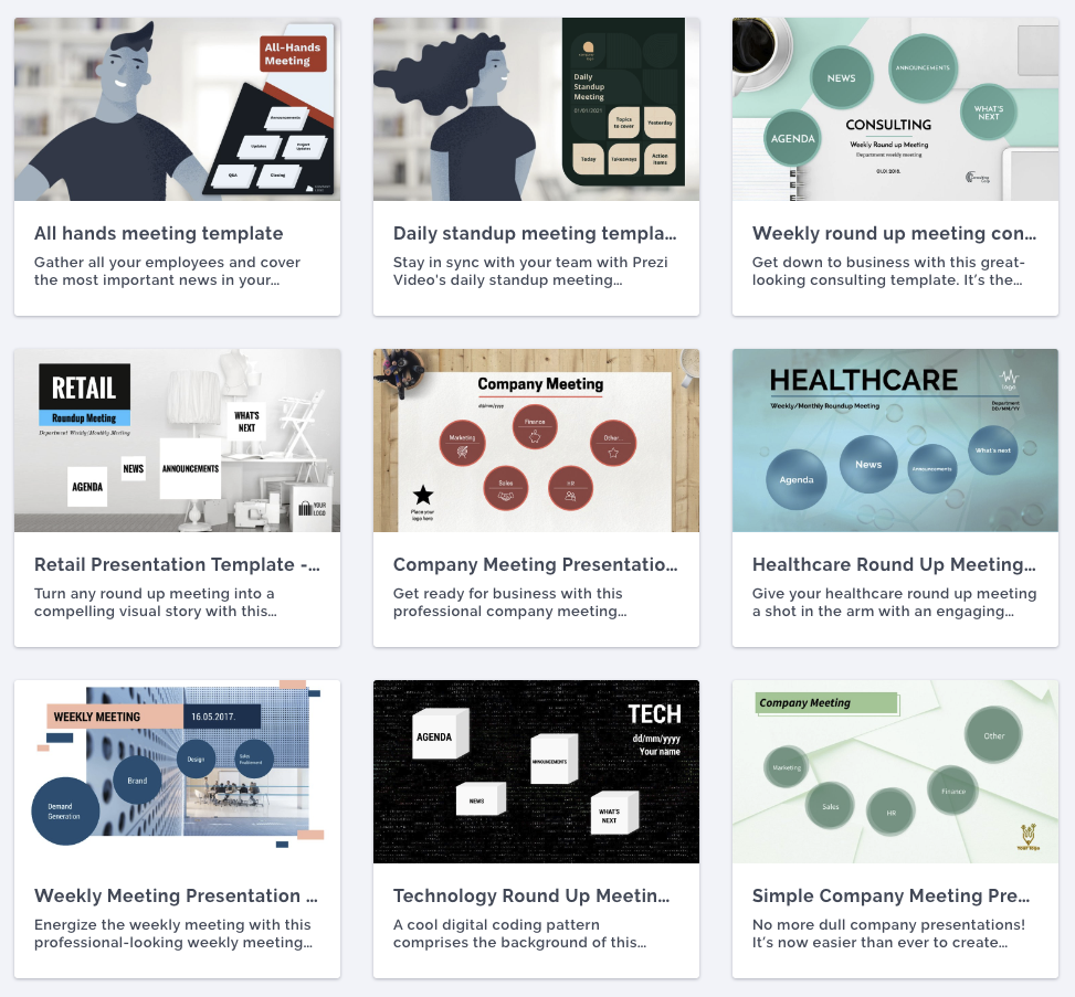 a screenshot of Prezi's meeting template gallery