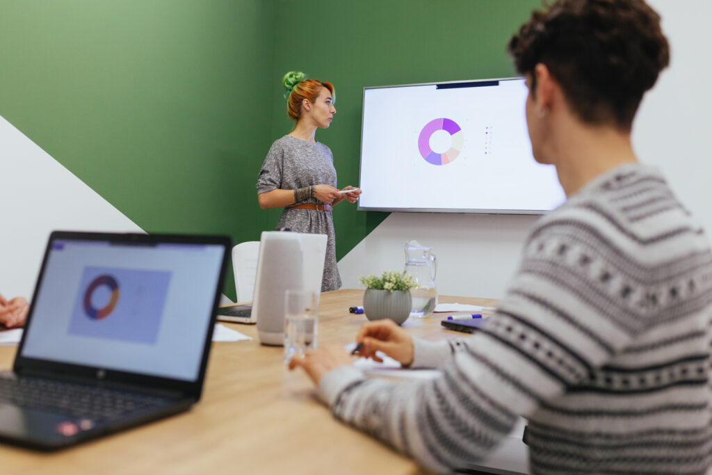 Businesswoman presenting a Pecha Kucha presentation.