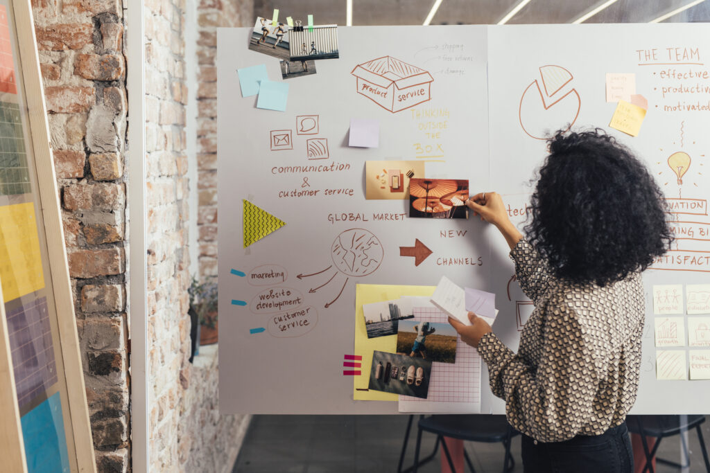 Young woman designer working on a mind map / business plan at the office.