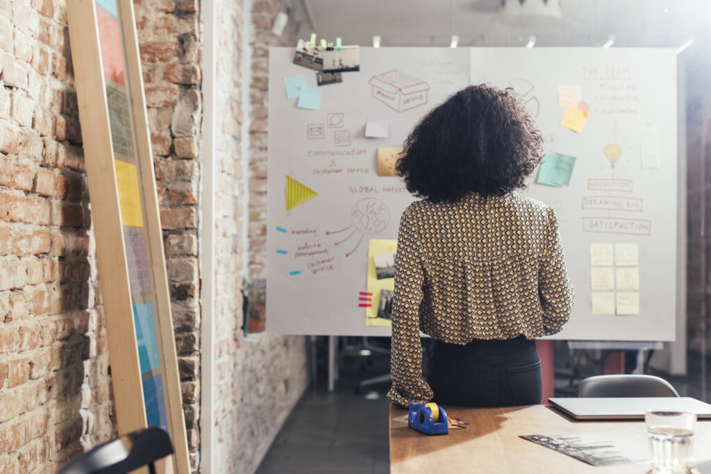 Young woman designer working on a mind map/ business plan at the office.