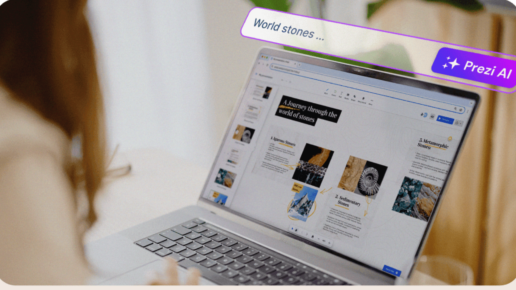 An example of a Prezi presentation created using Prezi AI on a laptop.