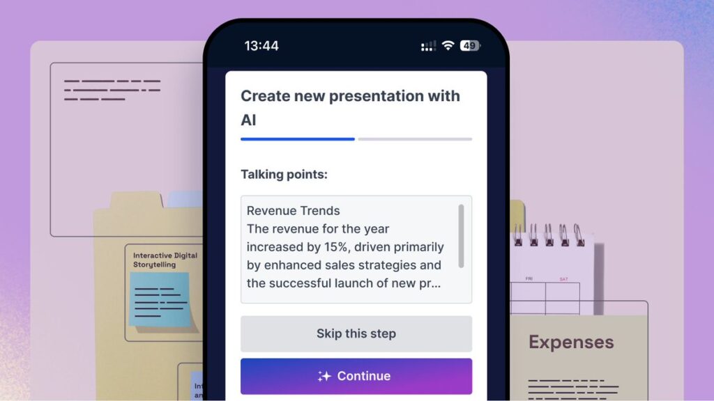 Create presentations with Prezi AI on your mobile devices.