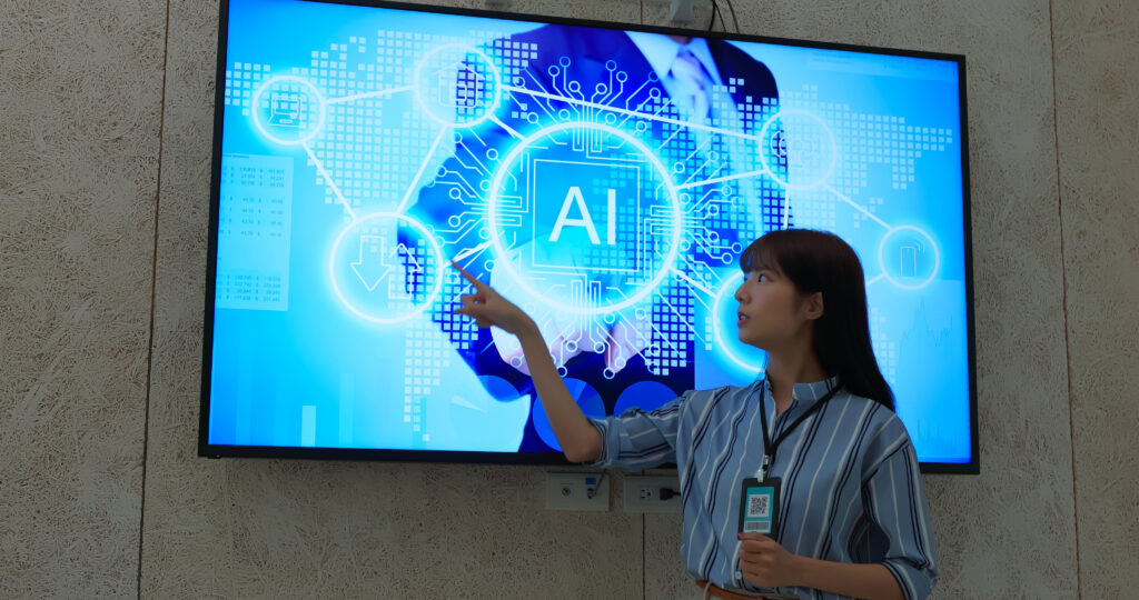 businesswoman showing off a screen with Ai topics for presentations