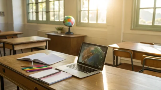 School presentation tools: Laptop, notebook, and pencils.