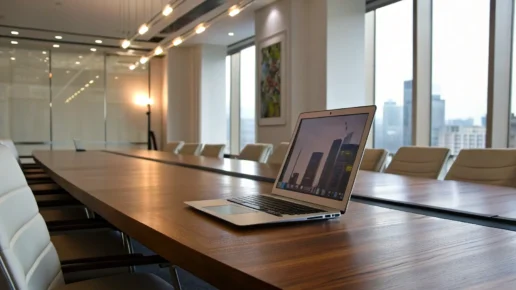 Board presentation setup with laptop in modern boardroom.