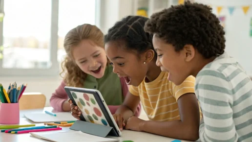 Elementary students using AI learning tools on a tablet.