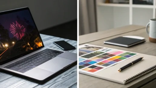 Canva vs. Prezi design tools on laptop screen with notebook and pen.