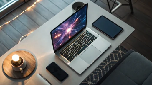 Laptop, tablet, and phone on desk. PowerPoint substitutes for presentations.