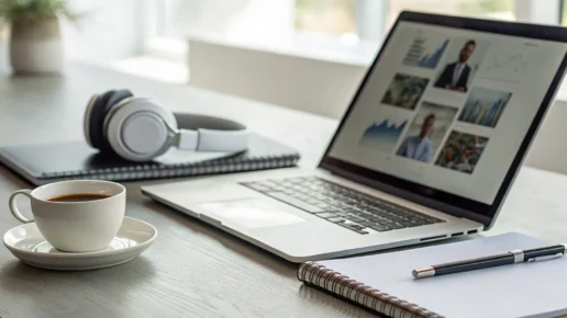 Laptop, coffee, and headphones on desk. Prezi alternatives for presentations.