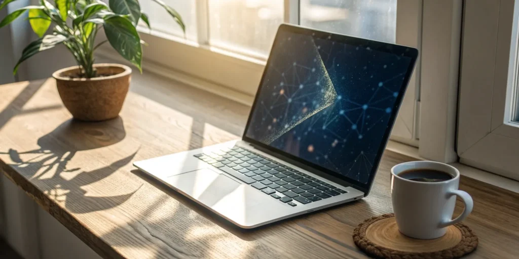 AI tools for remote work displayed on a laptop on a desk.