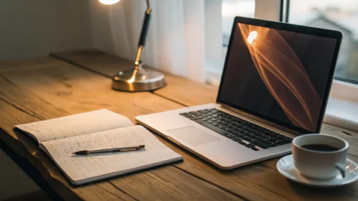 Blog content creation tools on a desk.