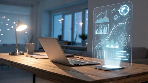 AI lesson plan on a laptop with holographic display.