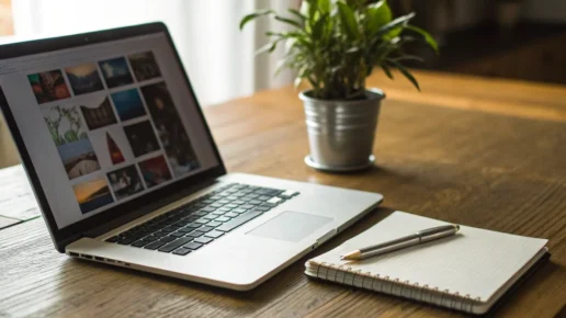 Laptop, notebook, and pen on desk. Engaging presentation prep.