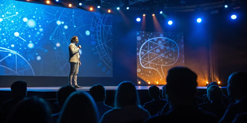 A public speaker on stage using AI tools that provide real-time analysis of their presentation.