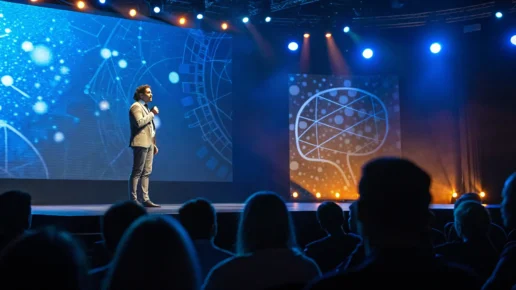 A public speaker on stage using AI tools that provide real-time analysis of their presentation.