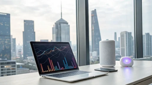 A consultant using AI presentation tools on a laptop to create data charts.