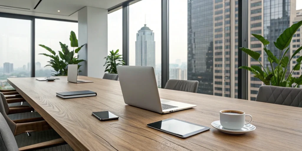 Marketing agency pitch deck on a table with devices.