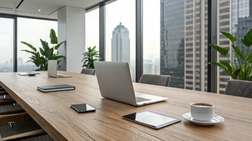 Marketing agency pitch deck on a table with devices.