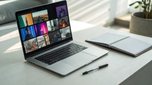 Laptop on a desk showing presentation slides being created with ChatGPT.