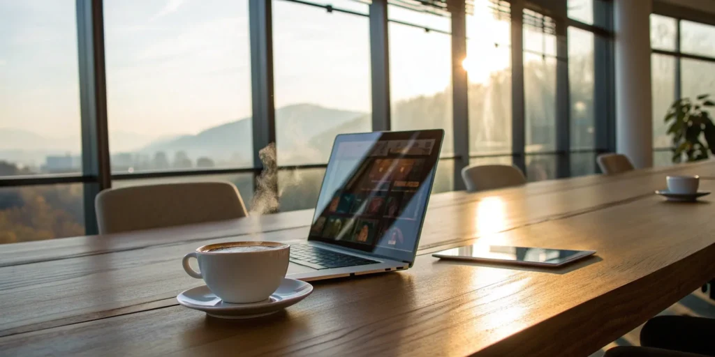Nonprofit pitch deck on a laptop with coffee and tablet nearby.